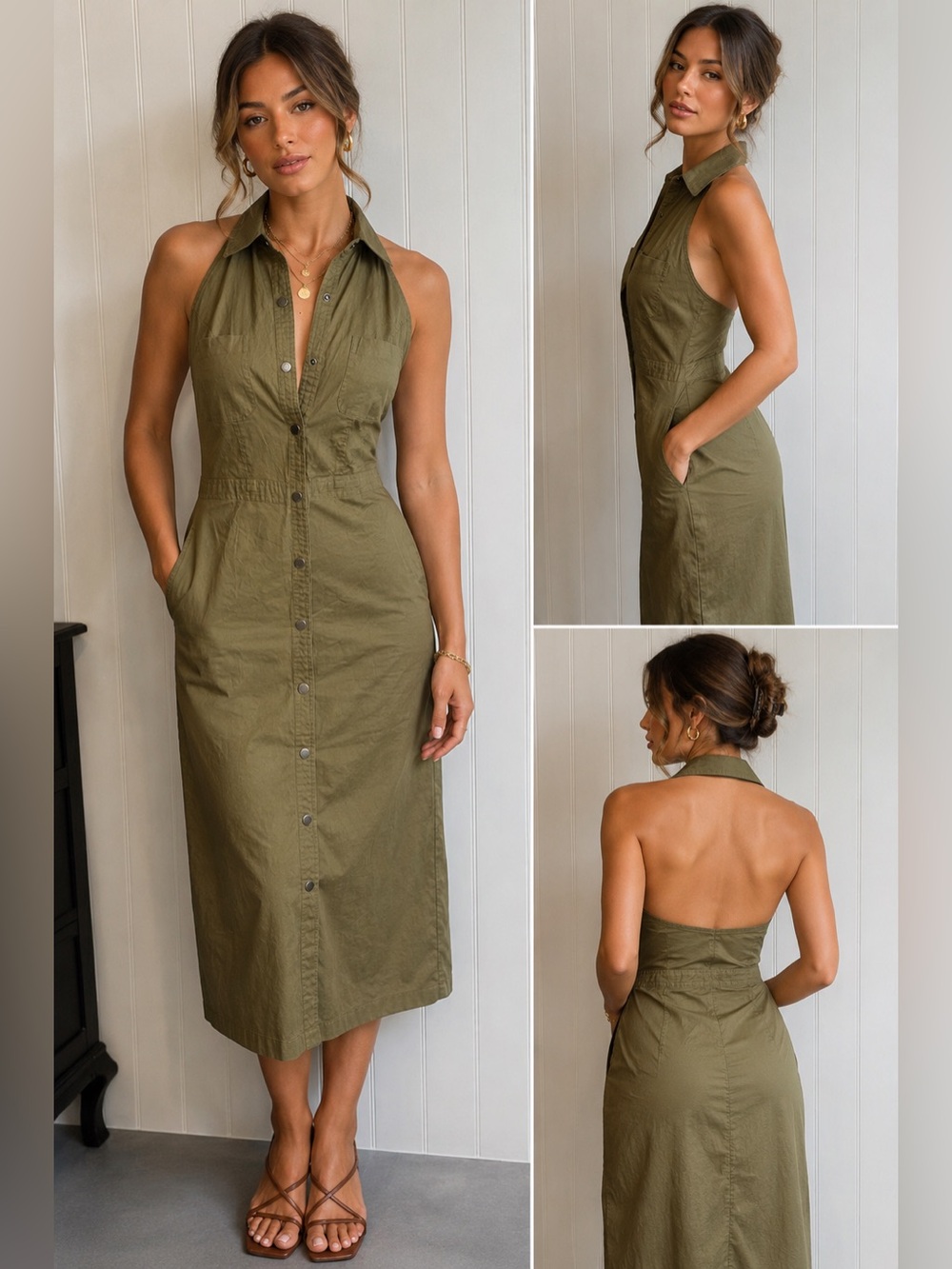 Ralph Lauren Sport Olive Halter Utility Dress | Y2K | Safari | Military Chic M